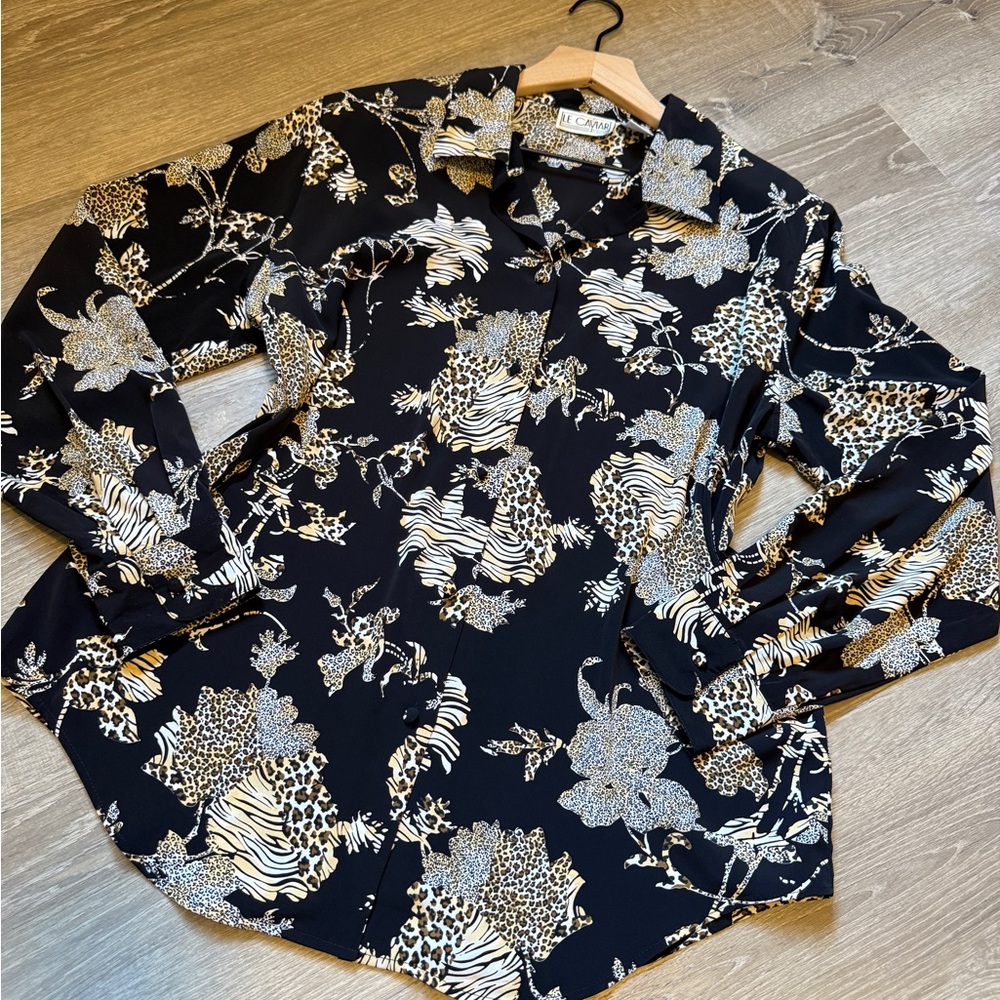 Vintage LE CAVIAR Floral Animal Print Black Blouse~Size L